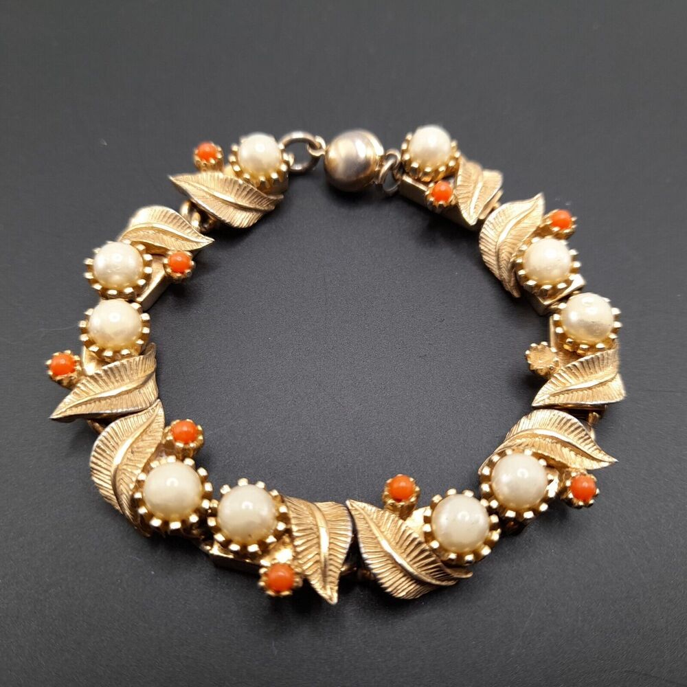 Vintage Leaves Faux Pearl Orange Bead Bracelet, Snap Clasp, 7"